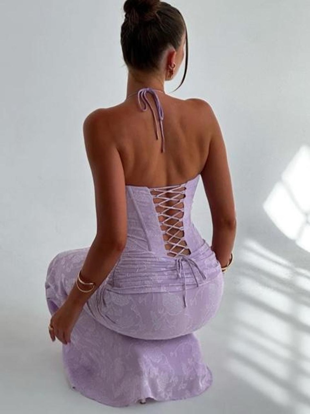 Lilac Lace-Up Halter Maxi Dress - Women